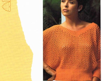 Lady V Neck Lacy Dolman Sweater Pullover Jumper Size 76 to 97 cm (30 to 38 inches) - Patons Cotton Soft 7885  Vintage Knitting Pattern - PDF