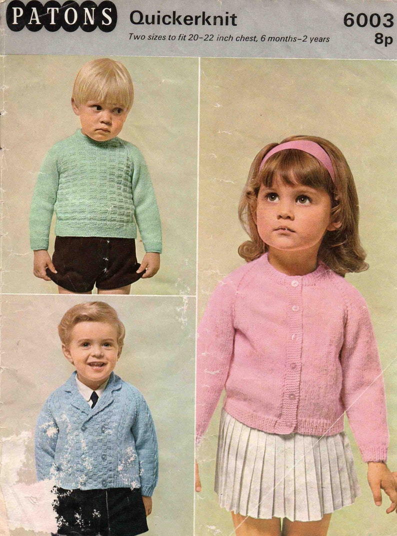 Boy Girl Child Sweater Pullover Jumper Cardigan Jacket Size 51 to 56 cm 20 to 22 inch Patons Quickerknit 6003 Vintage Knitting Pattern PDF image 1