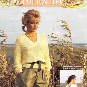 Lady V Neck Raglan Sweater  Pullover Jumper - Size 76 to 91 cm (30 to 36 inches)- Patons Cotton Top 7115 - Vintage Knitting Pattern - PDF
