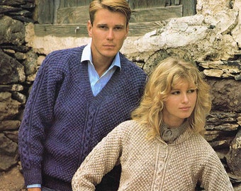 Unisex Collar and V Neck Sweater Pullover Jumper Size 81 - 107 cm 32 to 42 inch Patons Moorland Tweed DK 7266 Vintage Knitting Pattern - PDF