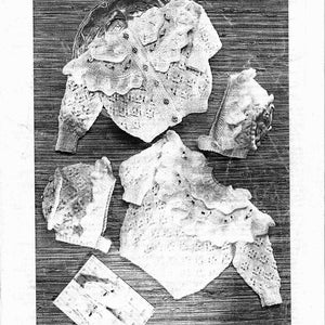 May include: A vintage knitting pattern from Patons, featuring a baby's sweater, hat, and booties. The pattern is for double knitting and fits babies aged 6 months to 2 years, with chest sizes from 18 to 20 inches. The image is in black and white.
