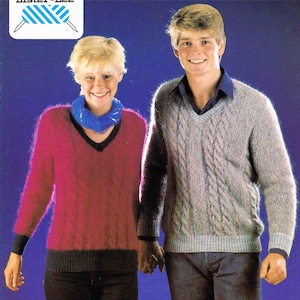 May include: A knitting pattern for a sweater with a cable knit design. The pattern is for sizes 32-38 inches and is called "Tahiti" or "Giselle" or "Tropicana" or "Midas". The pattern is from Lister-Lee and is for double knitting.