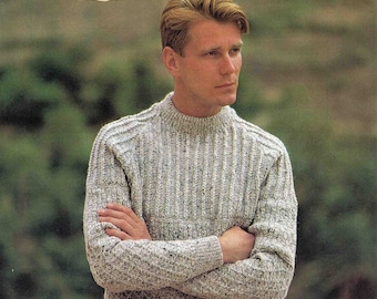 Suéter de cuello redondo texturizado para hombre - Talla 91 a 112 cm (36 a 44 pulgadas) - Patons DK 7271 - Patrón de tejido vintage - PDF