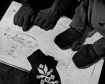 May include: Black and white image of a knitting pattern for gloves and mittens. The text "PATONS MOORLAND KNITTING" and "Four glove designs by P&B" are visible. One mitten features a snowflake design. The image also shows a pair of gloves.