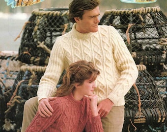 Man Lady Aran Sweater Pullover Jumper - Size 81 to 112 cm (32 to 44 inch) - Patons Capstan 7202 - Vintage Knitting Pattern - PDF