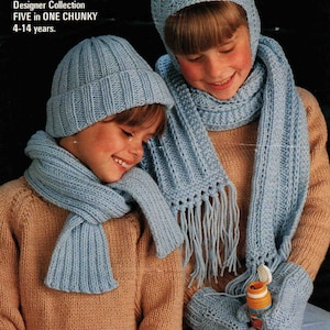 Child Boy Girl Hat Scarf Mitts Gloves - Studley 1159 - Age 4 to 14 years - Vintage Knitting Pattern - PDF