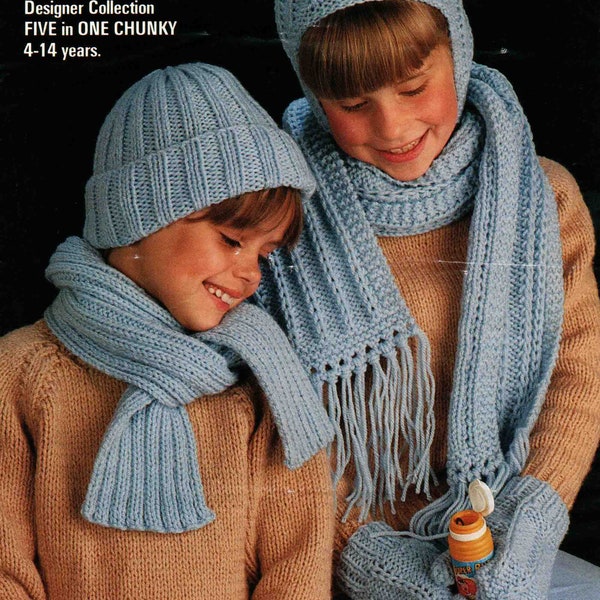 Child Boy Girl Hat Scarf Mitts Gloves - Studley 1159 - Age 4 to 14 years - Vintage Knitting Pattern - PDF