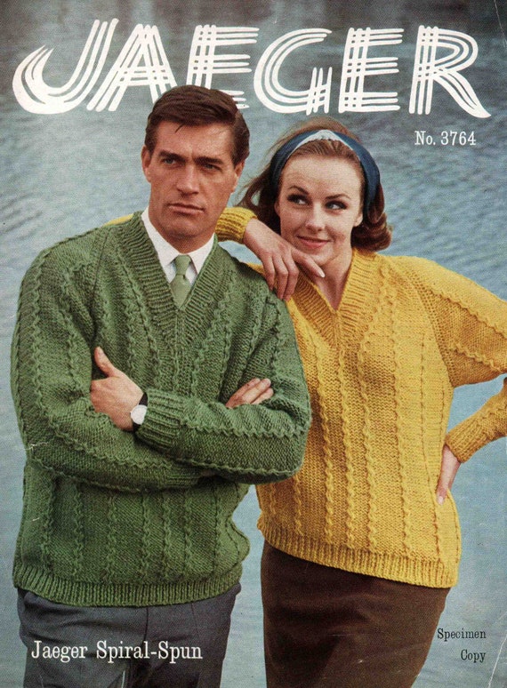 Pull homme femme col V Pull over Taille 87 a 107 cm 34 a 42 pouces Jaeger 3764 Patron de tricot vintage PDF