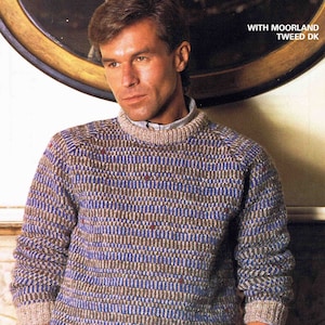 Man Crew Neck Sweater Pullover Jumper  with Swiss Darning DK Size 86-112 cm 34-44 inch Patons Diploma 7946 Vintage Knitting Pattern - PDF