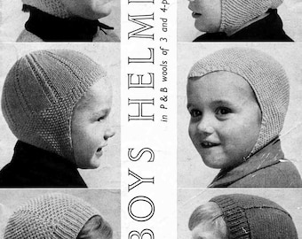 May include: Black and white image featuring six children wearing knitted helmets. The text "BOYS HELMETS" is displayed vertically, along with "P&B WOOLS" and "in P & B wools of 3 and 4-ply weights". The number "1040-6" is also visible.