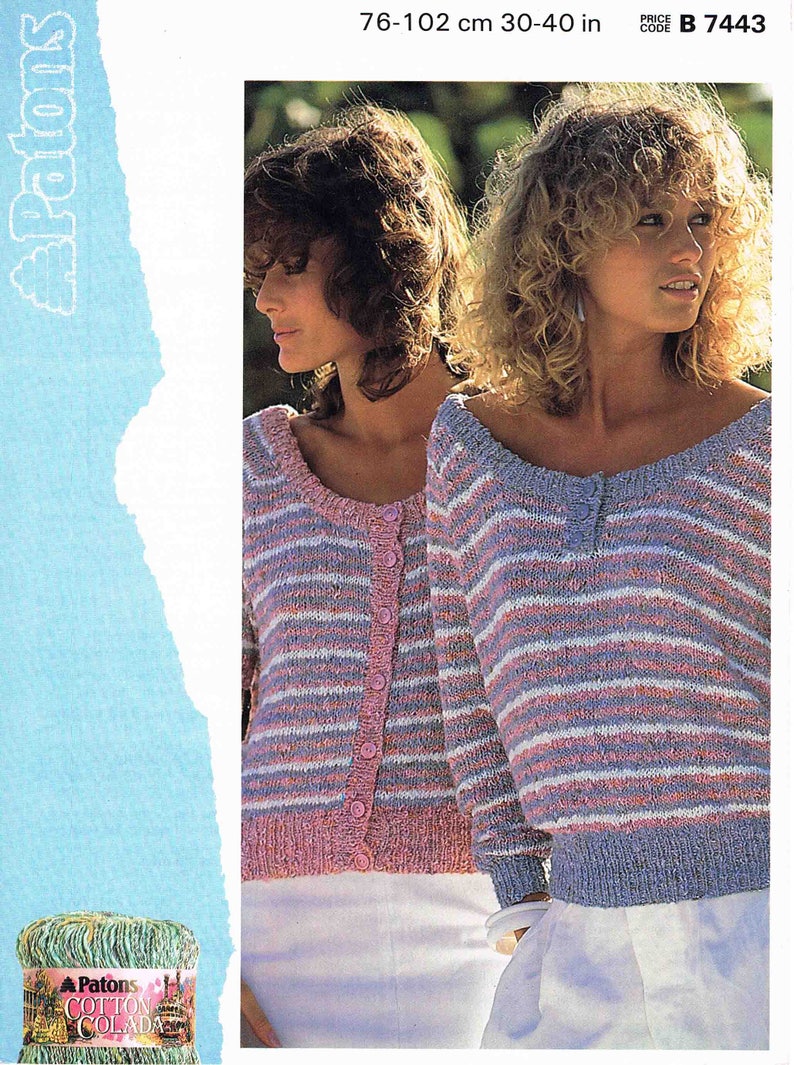 Lady Striped Cardigan and Sweater Pullover Jumper Size 76 to 102 cm 30 to 40 inch Patons 7443 Vintage Knitting Pattern PDF image 1