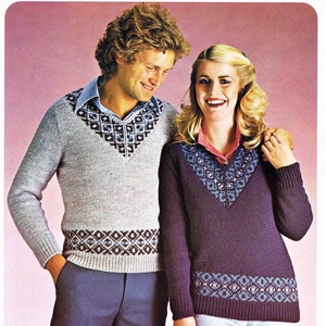 Adult Lady Man V Neck Sweater Pullover Jumper - Size 81 to 107 cm (32 to 42 inch) - Lister Lee  1319 - Vintage Knitting Pattern - PDF