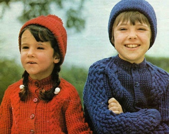 Boy Girl Aran Cardigan Hat - Size 61 to 81 cm (24 to 32 inch) - Argyll 823 - Vintage Knitting Pattern - PDF