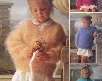 May include: A vintage children's knitwear pattern featuring a young girl in a fluffy, peach-colored mohair sweater and white skirt. The image includes additional examples of mohair sweaters in pink, blue, and teal. The text "SIRDAR MOHAIR" is visible.