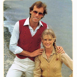 May include: A knitting pattern for a red and a beige vest. The pattern is called "Symphony" and is for double knitting. The pattern is from Copley and the code is B. The pattern is for sizes 32 to 38 inches or 81 to 97 centimeters.
