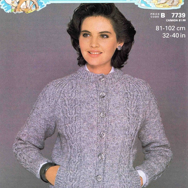 Lady Round Neck Cable Panel Jacket Cardigan  Size 81 to 102 cm (32 to 40 inches) - Patons Capstan Aran 7739 - Vintage Knitting Pattern - PDF