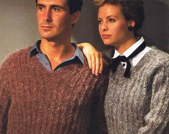 Unisex Man Lady V Neck Wide Rib Sweater Jumper Pullover Size 81 to 112 cm (32 to 44 inches)- Sunbeam DK 884 Vintage Knitting Pattern - PDF