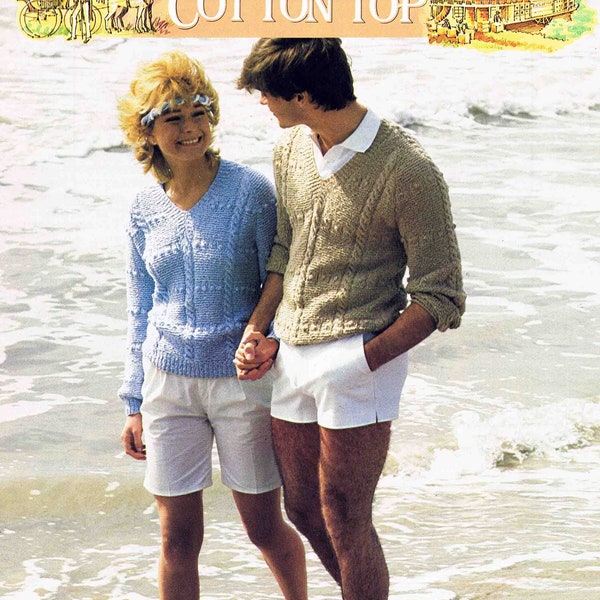 Unisex V Neck Raglan Sweater Pullover Jumper Size 76 to 107 cm (30 to 42 inches) - Patons Cotton Top 7122 - Vintage Knitting Pattern - PDF