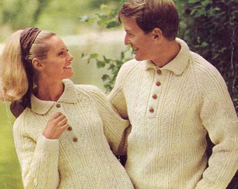 Adult Lady Man Shirt-Style Aran Sweater  Pullover Jumper Size 86-107cm 34-42inch Patons Capstan 9554 Vintage Knitting Pattern - PDF