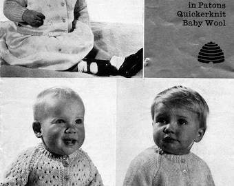 May include: Black and white image of a vintage baby clothing pattern. The pattern features three different knitted coat styles for babies. The text on the image reads "II74-6d Second Size Coat-styles in Patons Quickerknit Baby Wool."