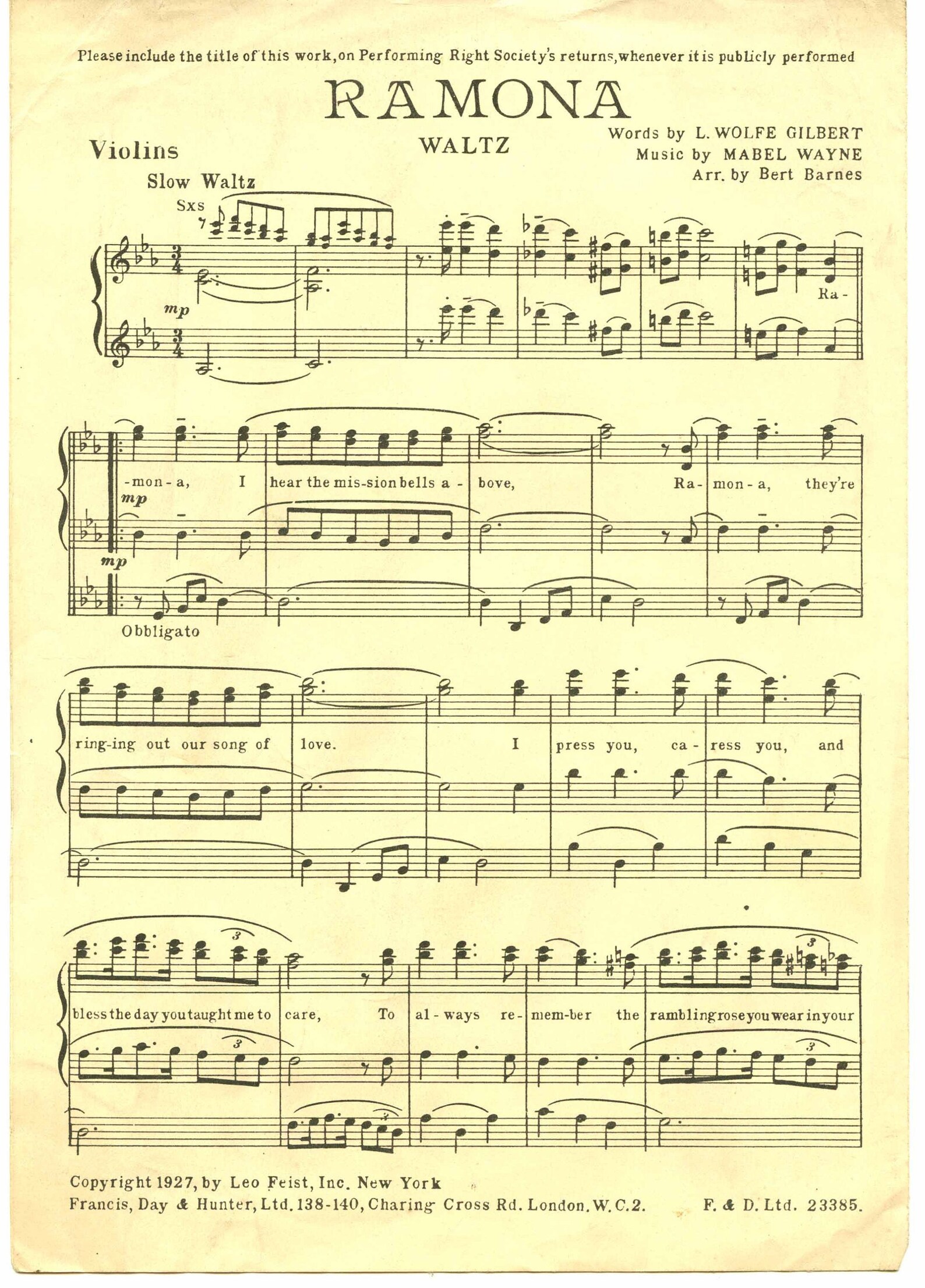 Ramona Sheet Music for Violin Voice 1927 Vintage very good Etsy