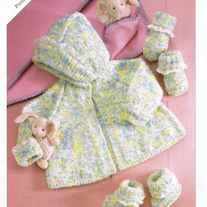 Babyjacka med huva, stövlar och vantar DK - Storlek 31 till 51 cm 12 till 20 tum Vintage stickmönster - PDF