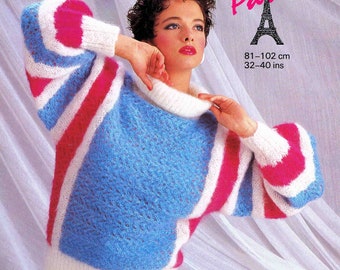 Lady Sideways Knitted Vertically Striped Sweater Jumper Pullover Size 81-102cm 32-40in Sunbeam Mohair 977 Vintage Knitting Pattern - PDF