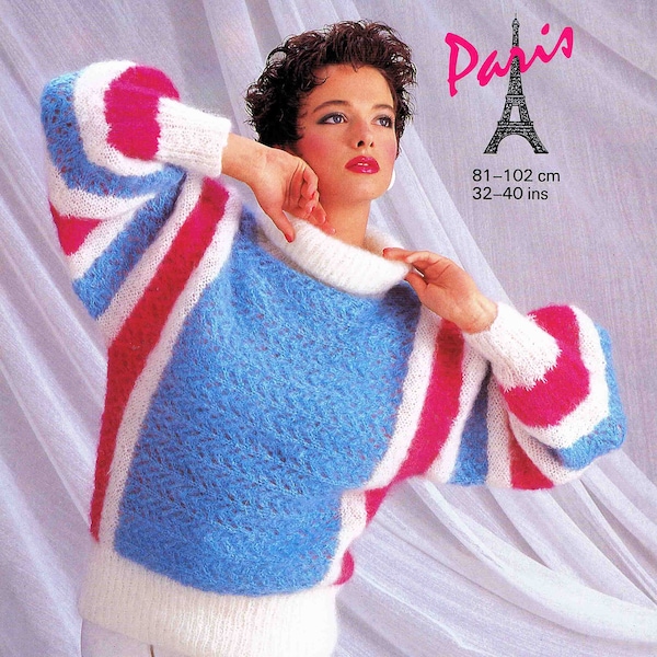 Lady Sideways Knitted Vertically Striped Sweater Jumper Pullover Size 81-102cm 32-40in Sunbeam Mohair 977 Vintage Knitting Pattern - PDF