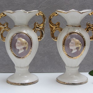 A Pair of Italian Vases ~ Ceramic Vase ~ EDERA Vase 817 ~ RARE Cameo Vase ~ Gold Trim with Handles - Collector Piece - Flower Vase