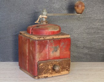 Vintage French COFFEE GRINDER ~ Red Coffee Mill ~ Country Farmhouse Kitchen ~ Retro ~ Industrial Red Color Grinder