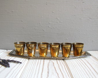 6 x Vintage Silver Plated Small Liquer Cups and Tray ~ Apero Shot Glasses ~ Little Metal Cups ~ Digestive Glasses ~ Silver Service