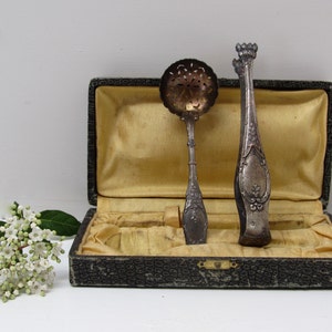 Antique French Boxed Sugar Sifter and Tong Set ~ Silver Plated Serving Tongs ~ Lions Claw Sugar Cube Tongs ~ Silverware - Pierced Spoon