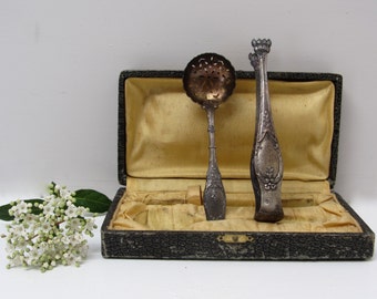 Antique French Boxed Sugar Sifter and Tong Set ~ Silver Plated Serving Tongs ~ Lions Claw Sugar Cube Tongs ~ Silverware - Pierced Spoon