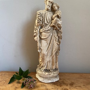 Antique French Saint Joseph and Child Statue ~ Plaster Statuette of Joseph ~ Natural Holy Statue Chalkware Sculpture Religious Memorabilia ~
