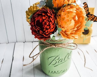 Handmade Paper Chrysanthemum Bouquet in Mason Jar, Rustic Fall Decor