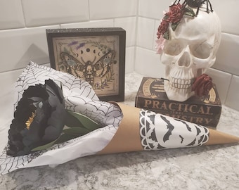 Handmade Black Shimmer Paper Peony, Gothic Halloween Bouquet, Spooky Bat Detail