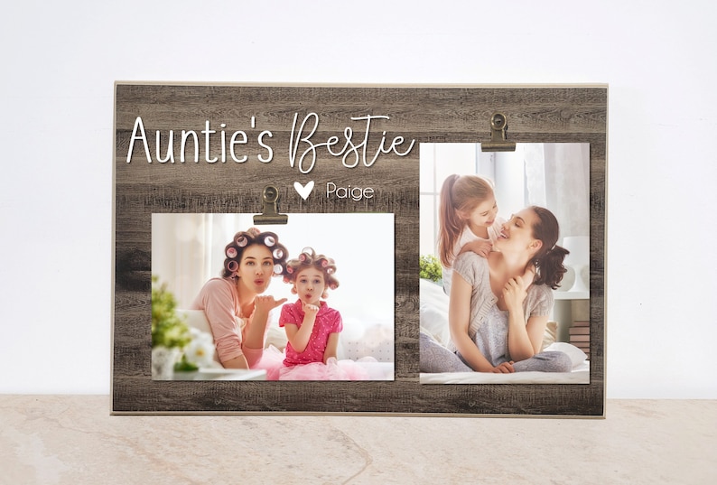 a handmade wood background personalized with a heart and child's name Photo Clip Frame is the meaningful gift for your aunt