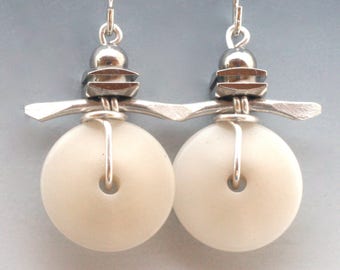 Ivory Tagua Nut and Hand Forged Sterling Silver Earrings