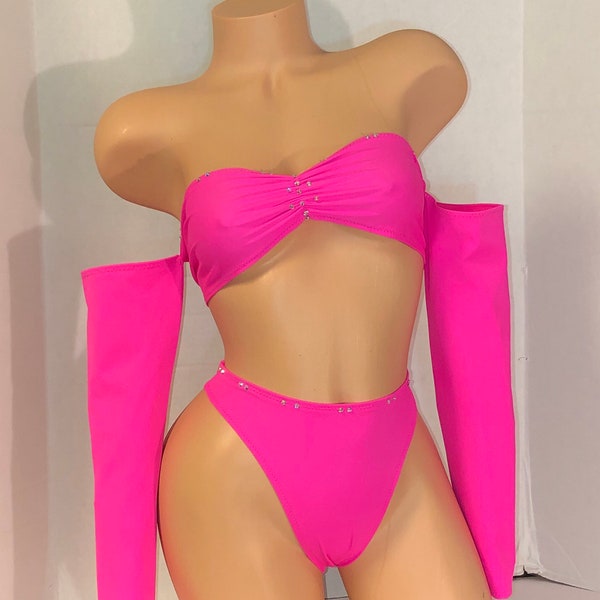 Exotic Dancewear-Hot Pink 2 Piece Thong Style with Crystals