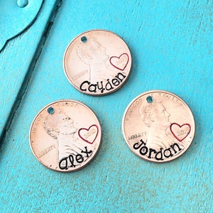 Personalized Penny, Penny Charms, Personalized Penny Charms, Charms For Necklace, Hand Stamped Penny Charm, Hand Stamped Penny, Lucky