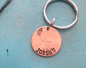 University High School Personalized Custom Lucky Penny Keychain for Graduate College Set of 4 Class of 2021 Hand Stamped Graduation Gift