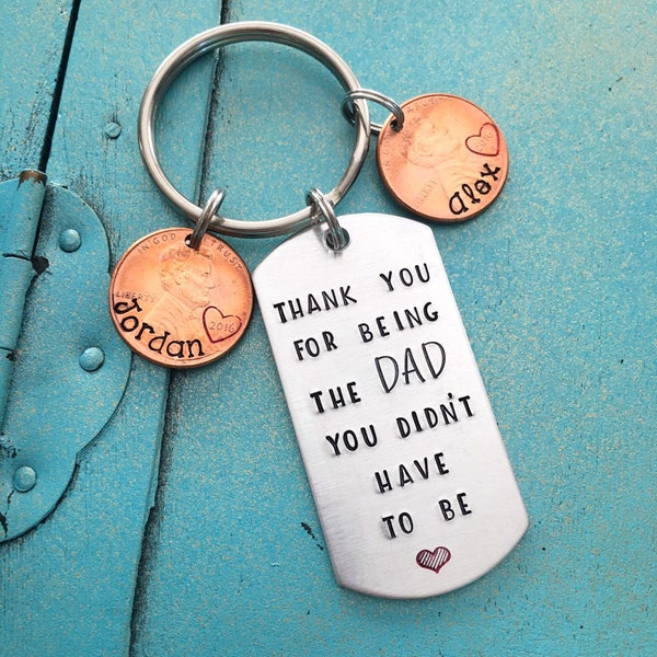 Personalized Step Dad Keychain, Fathers Day Gift From Step Kids, Hand Stamped Penny Stepfather Key Ring, Birthday Gift For Step Father