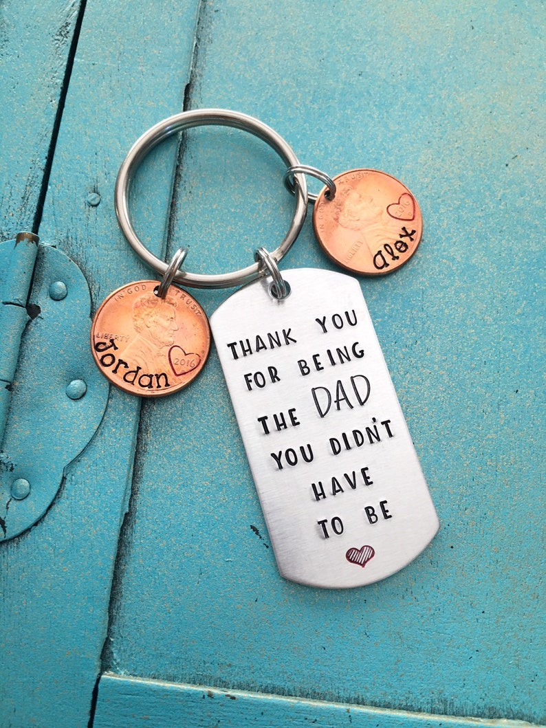 Personalized Step Dad Keychain, Christmas Gift From Step Kids, Hand Stamped Penny Stepfather Key Ring, Birthday Gift For Step Father 