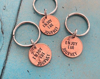 Enjoy The Journey Penny Keychains, Bulk Inspirational Class Of 2024 Graduation Gifts, Hand Stamped Affordable Motivational Keychains
