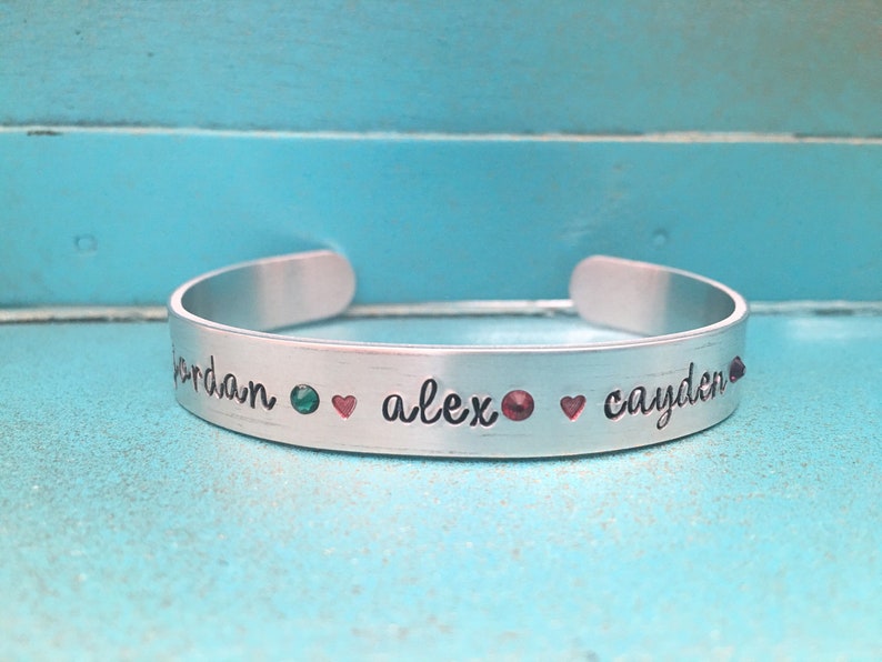 Mom Birthstone Cuff Bracelet, Mothers Day Gift From Kids, Custom Hand Stamped Mom Jewelry, Mothers Day Jewelry, Kids Name Jewelry image 3