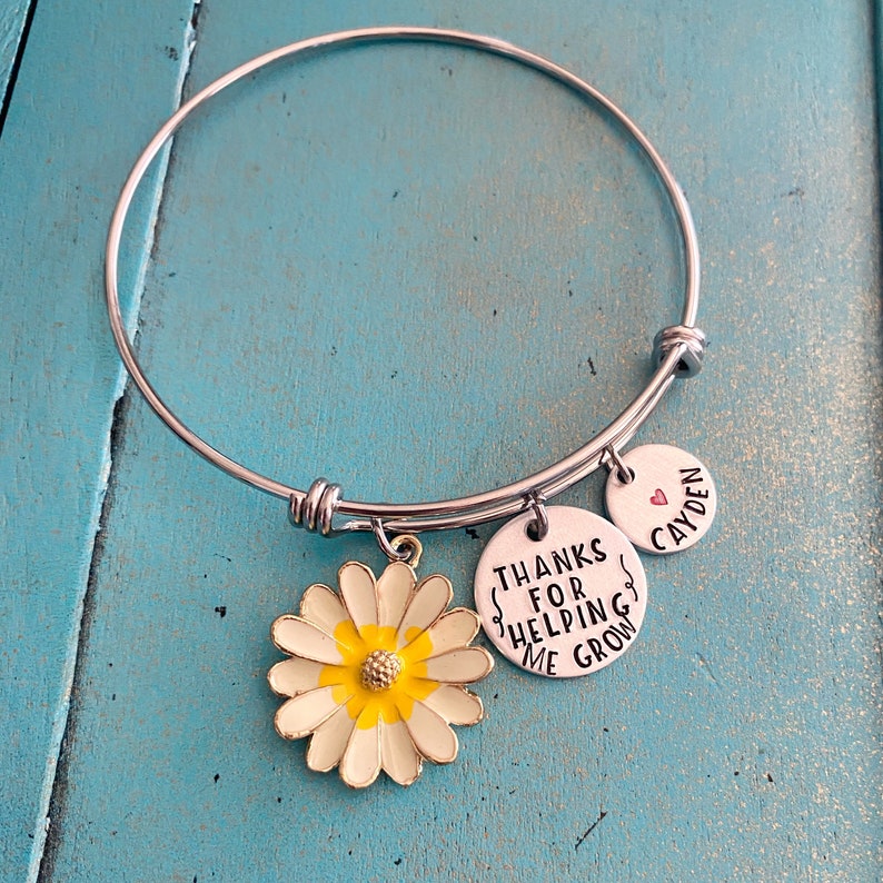 End Of School Year Teacher Appreciation Gift Helping Me Grow Educator Jewelry Personalized Teacher Bangle Bracelet