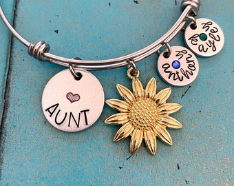 Aunt Sunflower Bangle Bracelet, Personalized Christmas Gift For Aunt, Sunflower Jewelry, Aunt Birthstone Charm Bracelet Birthday Gift
