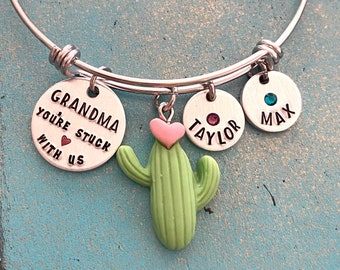 Funny Personalized Grandma Cactus Bangle Bracelet, Mothers Day Gift, Cactus Birthday Gift For Grammy, Kids Name Birthstone Jewelry