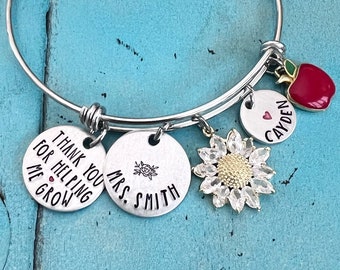 Personalized Teacher Sunflower Bangle Bracelet, End Of  School Year Teacher Appreciation Gift, Helping Me Grow Educator Jewelry