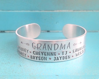 Personalized Grandma Cuff Bracelet, Mothers Day Gift For Grammy, Custom Hand Stamped Mimi Jewelry, Mom Jewelry, Grandkids Names